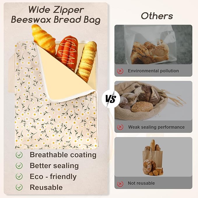 Wide Zipper Beeswax Bread Bags for Homemade Bread, 2 Pack Sourdough Bread Bags for Storage XL 17x13 Inch, Cotton Large Reusable Bread Bag - Keep Fresh, Freezer Safe