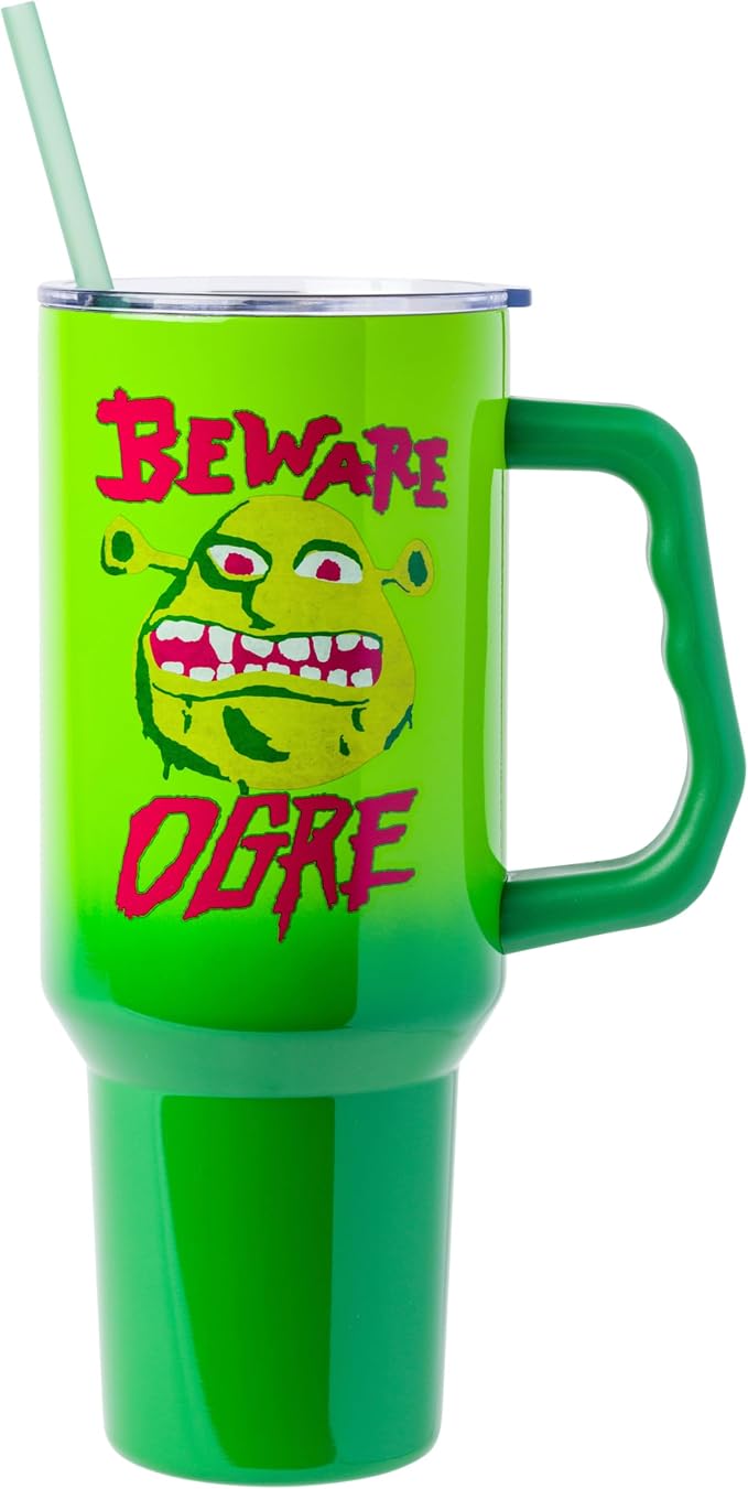 Silver Buffalo Shrek “Beware Ogre” Stainless Steel Tumbler with Handle, Fits in Standard Cup Holder, 40 Ounces
