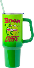 Silver Buffalo Shrek “Beware Ogre” Stainless Steel Tumbler with Handle, Fits in Standard Cup Holder, 40 Ounces