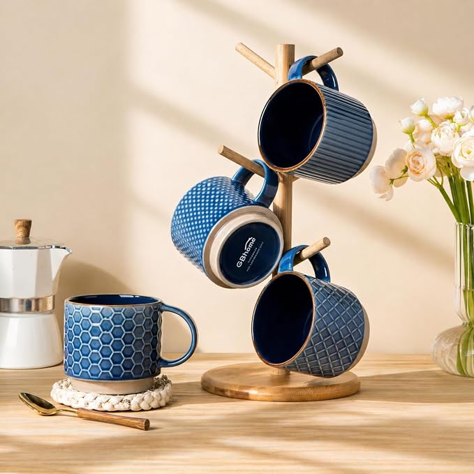 GBhome 15OZ Stackable Coffee Mugs, Ceramic Coffee Cups with Texture Patterns for Man,Woman,Dad,Mom, Modern Mugs Set of 4 for Latte/Cappuccino/Cocoa. Dishwasher&Microwave Safe, Blue