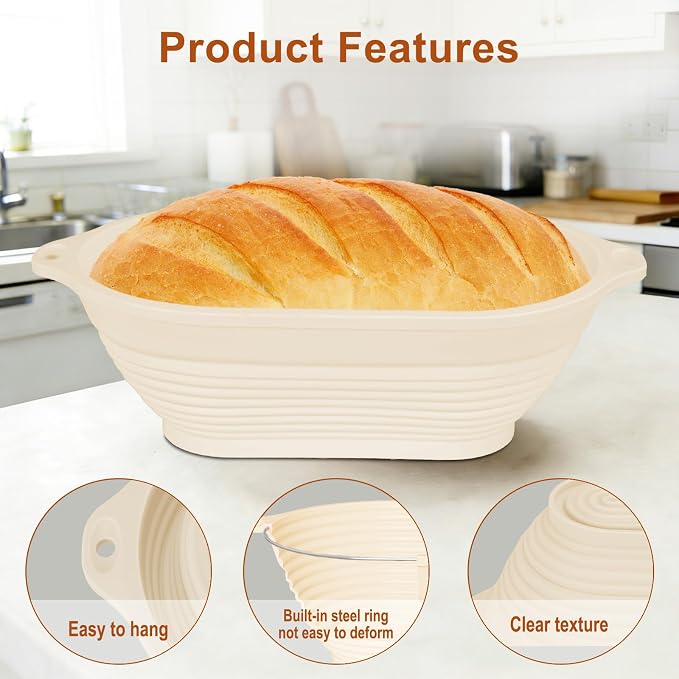 4 Pcs 10" Oval Upgraded Silicone Banneton with Handles | Foldable Bread Proofing Basket, Reinforced Rim Support, Bowls for Sourdough Bread Baking, Oven & Dishwasher Safe-BPA Free