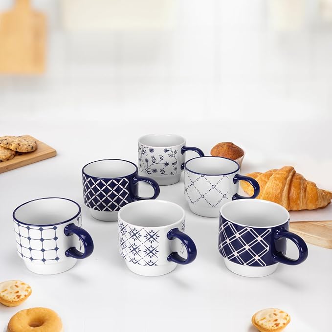 Schliersee 12 OZ Stackable Ceramic Coffee Mugs set of 6, Geometric Floral Pattern Small Mug, Blue White Porcelain Coffee Mug, Stacking Coffee Mugs, Tea Mug, Water Cup, Dishwasher Safe, Microwave Safe