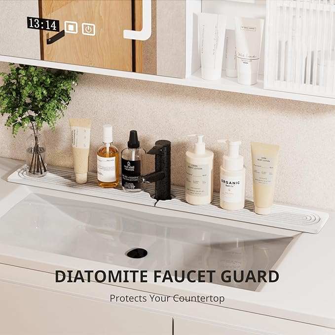 Sink Splash Guard - 30" Absorbent Stone Sink Tray for Kitchen and Bathroom Faucets - Durable Diatomite Mud Faucet Mat for Countertops - White