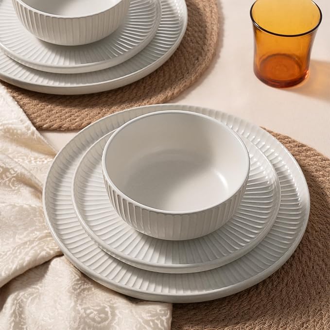 Famiware Starlight 12-Piece Plates and Bowls Sets for 4, Stoneware Dinnerware with Ribbed Textured, Handcrafted Reactive Glaze Dishes - Dishwasher & Microwave Safe, Chip/Scratch Resistant, Matte White