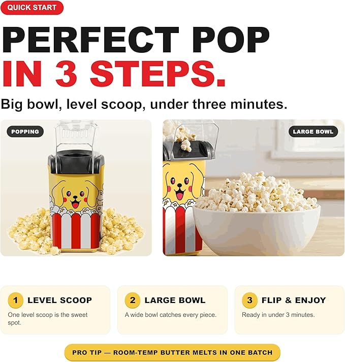 Fun Popcorn Machine Air Popper – Hot Popcorn Maker Air Popper Electric with Butter Melting Tray – Mini Electric Maker - Dog Mom Gifts for Women, Home, Kids Movie Night - Oil Free Snacks