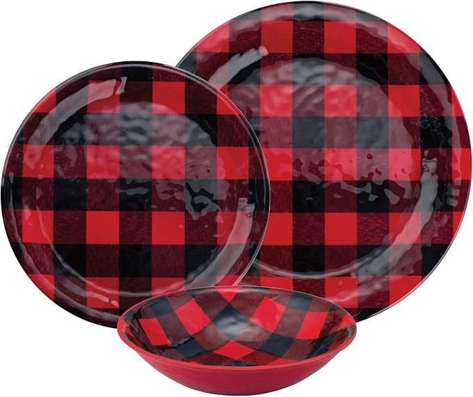 UPware 12 Piece Buffalo Plaid Melamine Dinnerware Sets, Outdoor Dishes Set, Plates and Bowls Sets, Christmas Decorations, Service for 4, Red