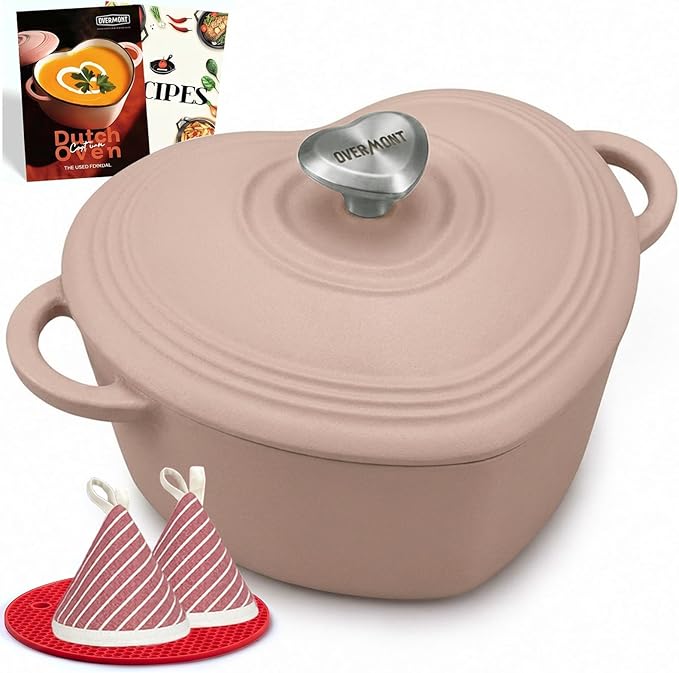 Overmont Heart-Shaped Enameled Cast Iron Dutch Oven, 2QT Pink Mini Pot with Lid for Cozy Meals, Soups & Small Batch Baking, Cute Kitchen Cookware Gift for Wedding, Housewarming & Birthday