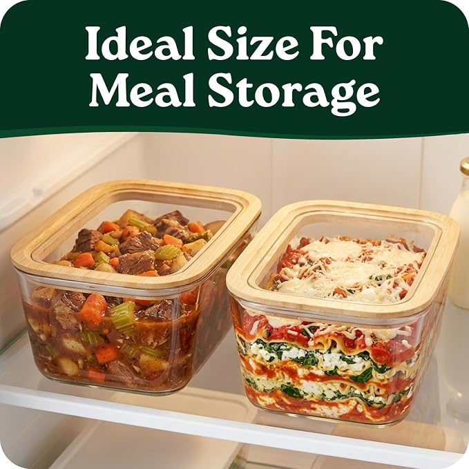 2-Pack-87.7 Oz Large Glass Food Storage Containers with Clear-Top Bamboo Lids – Plastic Free Glass Meal Prep Containers for Lunch, Eco Friendly Airtight, Microwave & Freezer Safe