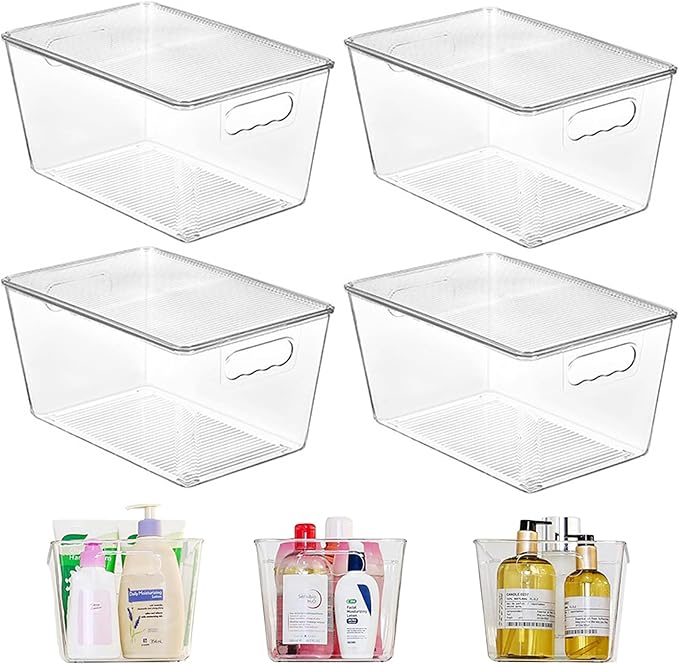 4Pcs Clear Organizer Bins with Lids, PET Plastic Storage Bins 11x6x6.2 Cabinet Organizer with Handle Perfect for Bathroom, Cabinet, Kitchen, Fridge Pantry Organizers And Storage