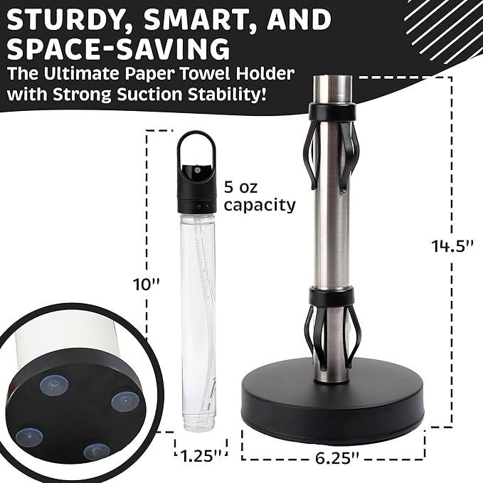 Stainless Steel Paper Towel Holder with Spray Pump – One-Handed Tear, Smart Traction System, 5 oz Sprayer Bottle, Heavy Duty Suction Cups, Weighted Base, Kitchen Towel Dispenser for Countertop Use