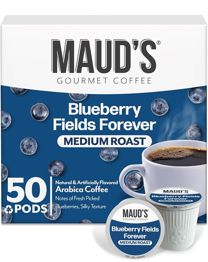Maud's Blueberry Flavored Coffee Pods, 50 ct, Medium Roast Flavored Coffee in Single Serve Pods – 100% Arabica Beans, Compatible with Keurig K Cups Maker