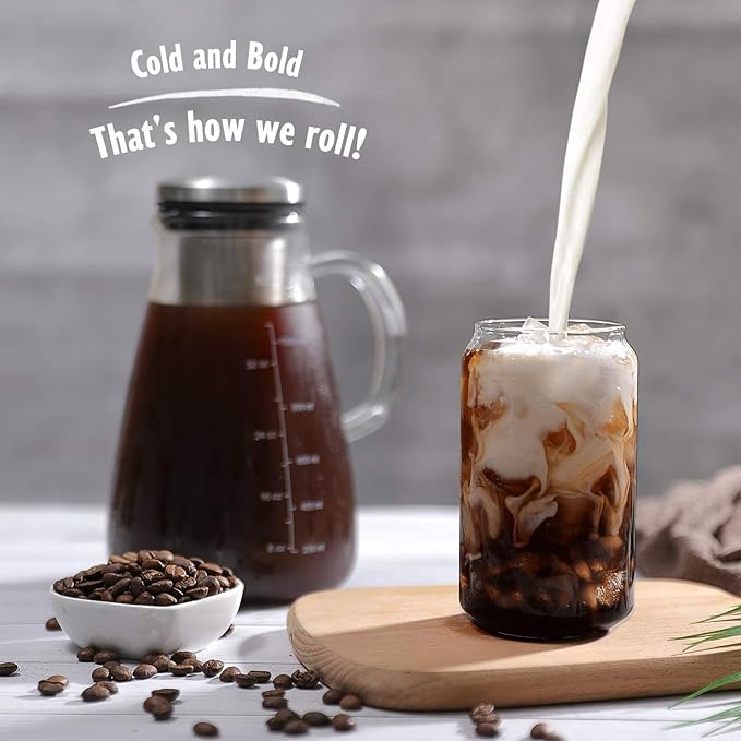 YMMIND Cold Brew Iced Coffee Maker 34oz, Brewed Coffee Pot with Removable Double Mesh 304 Stainless Steel Filter, BPA-Free Cold Brew Pitcher Glass Container, Tea Maker