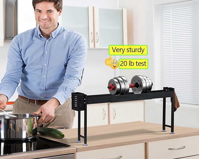 Horynar Over Stove Spice Shelf for Kitchen Spice Rack Organizer with Extra Black Basket and Hooks Great for Stove Top Shelf