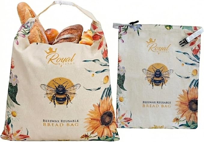 Reusable Beeswax Breads Bag | 2 Pack Organic Sourdough bread bags for homemade bread | Fridge and Freezer friendly Beeswax Lined cotton bag to keep your bread fresh and preserved | 2 XL bread Bags