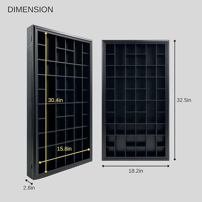 Shot Glass Display Cabinet Solid Wood - Large Display Case for Collectibles | Man Cave Accessories | UV Protection Acrylic Door | Wall Mounted Black Shadow Box | 52 Divided Slots | 32" x 17"