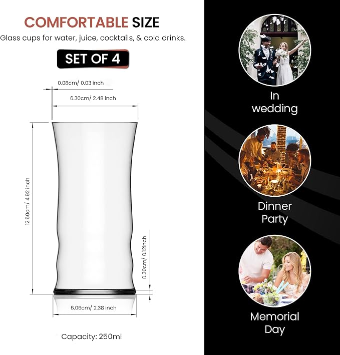 Figueroa Collection Short Drinking Glasses 8 oz - Small Beverage Glasses, Clear Juice Water Cocktail Glass Cups, Modern Everyday Drinking Cups for Juice Soda Whiskey Iced Tea Kitchen Bar - Set of 4