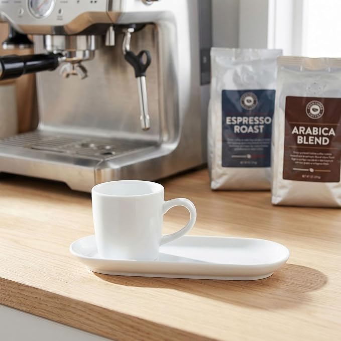 Italian Style Espresso Cup Set of 4 | Porcelain Demi Tasse Cups and Saucers, 3 oz