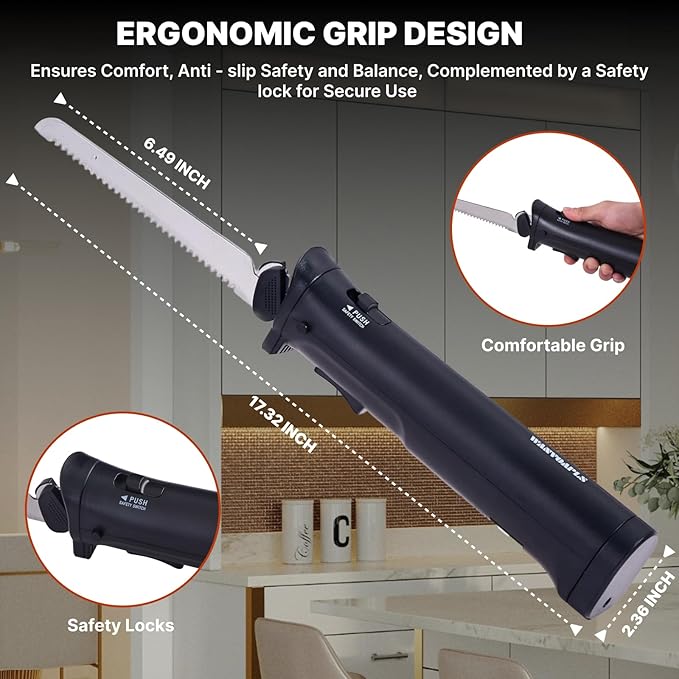 Cordless Electric Knife – Rechargeable Electric Knives with Safety Lock, Ergonomic Handle, Versatile Bread Slicer, Bread Knife for Effortless Carving of Meats, Cheese – Perfect for Kitchen Use