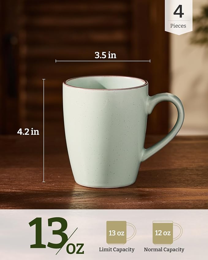 famiware Venus Coffee Mugs for 4, 13 oz Mug Set, Dringking Cup with Handle for Coffee, Tea, Cocoa, Milk, Light Green