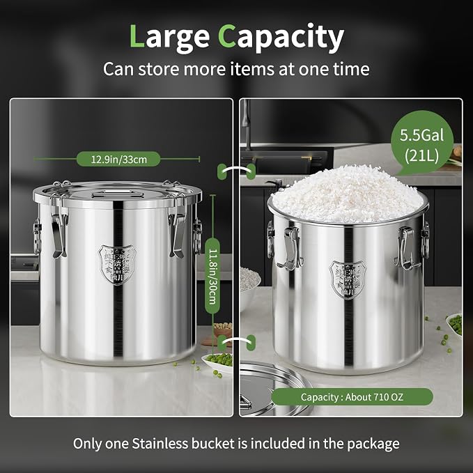 Large Stainless Steel food Storage Containers,5.5Gallon/21Liter Airtight Stainless Steel Bucket With lids,710 OZ Flour Storage Container,Metal Airtight Canister for Rice,Coffee Bean,Dog Food