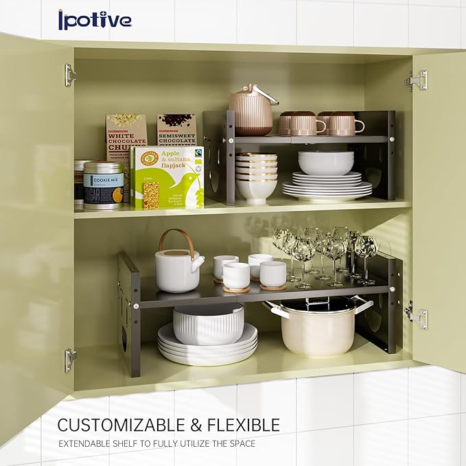 Fun-Face Expandable Cabinet Shelf Organizer,Adjustable Height & Width, Stackable Metal Storage Rack,Kitchen Spice Rack, Pantry Shelf, Countertops (2, Black)
