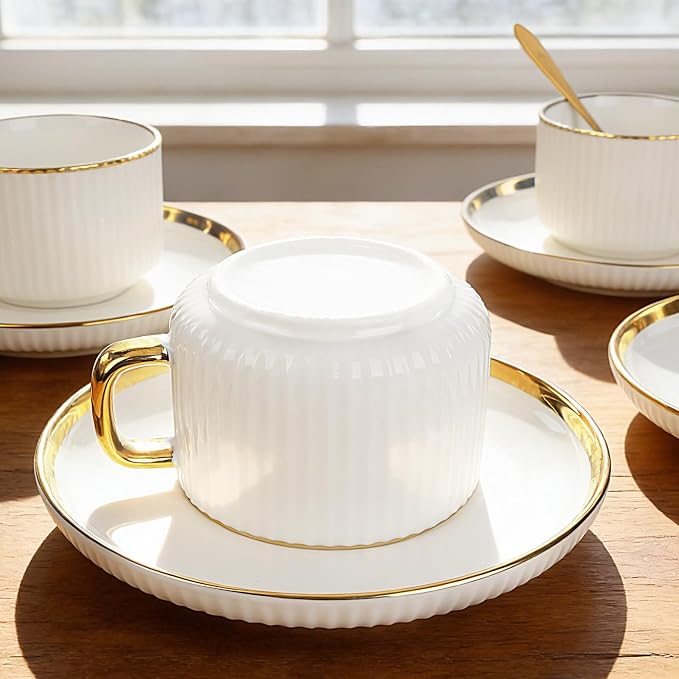 ALIMOTA 7oz White Gold Ceramic Coffee Mug Set of 4, Latte Mugs with Saucers and Spoons, White Latte Cups and Espresso Mug for Specialty Coffee Drinks, Latte, Cafe Mocha, Tea