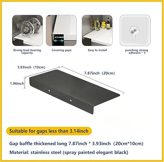 Metal Kitchen Refrigerator Gap Partition Countertop Gap Extension Board,Gap Covers Between Countertop and Walls, Refrigerator Side Partition, No Drill(Black,7.87 * 3.93inch)