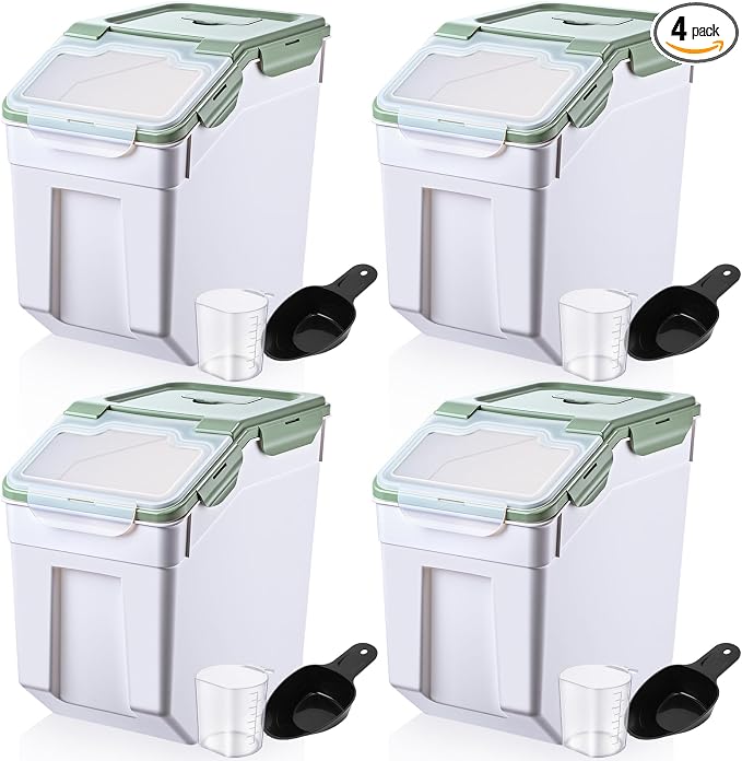 Sunnyray 4 Pcs 55 lbs Grain Rice Storage Container Flour Bin with Wheels Cup Leak Proof Pet Food Storage Boxes Seal Locking Lid Plastic Rice Containers Set for Cereal Flour Cat Dog Food (Green)