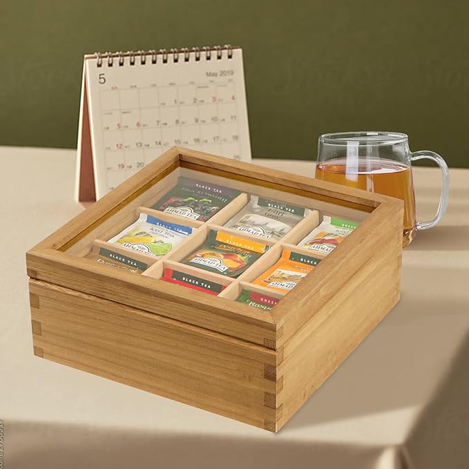 Wood Tea Bag Organizer, 9 Compartment Multi-Functional Tea Box and Storage Organizer for Tea Bags with Clear Acrylic Window