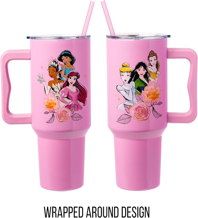 Silver Buffalo Disney Princess Featuring Cinderella, Mulan, Belle, Ariel, Tiana, and Jasmine Double Walled Stainless Steel Tumbler with Handle and Straw, Fits in Standard Cup Holder, 40 Ounces
