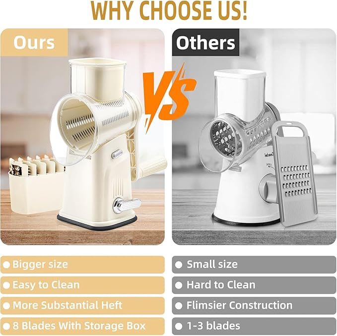 Rotary Cheese Grater with Handle, Vegetable Shredder with 5 Replaceable Blades & Strong Suction Base, Round Food Slicer & Chopper for Kitchen Fruit Vegetables Nuts with Blade Storage Box (Beige)