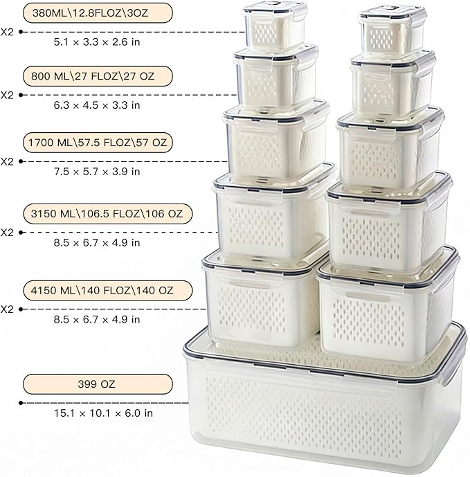 Produce Storage Containers Set with Drain Basket & Lid – Stackable Fridge Organizer Bins for Refrigerator – Fruit & Vegetable Storage Keeper, Berry Container, Lettuce Storage Box (6 Sizes) (11)