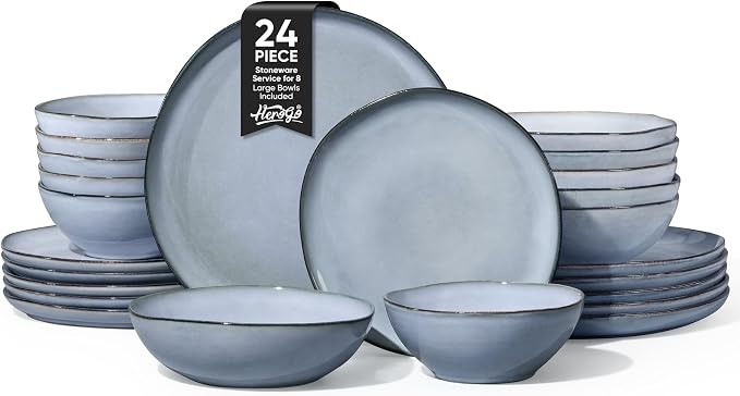Herogo Stoneware Dinnerware Sets for 6, 24 Piece Ceramic Dinner Dishes Set, Irregular Handmade Plates and Bowls Dishware, Crack and Scratch Resistant, Reactive Glaze, Smoky Blue
