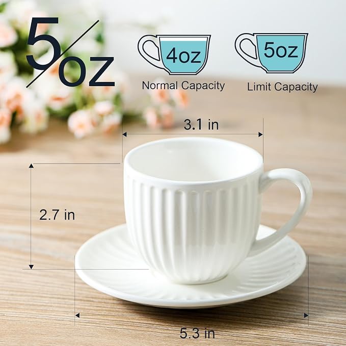 Ceramic Espresso Cups with Saucers 5 Oz,Set of 4 Porcelain Demitasse Cups Set,Small Coffee Cups with Handle for Coffee,Tea,Latte and Macchiato,Cappuccino Mugs for Kitchen and Cafe,White