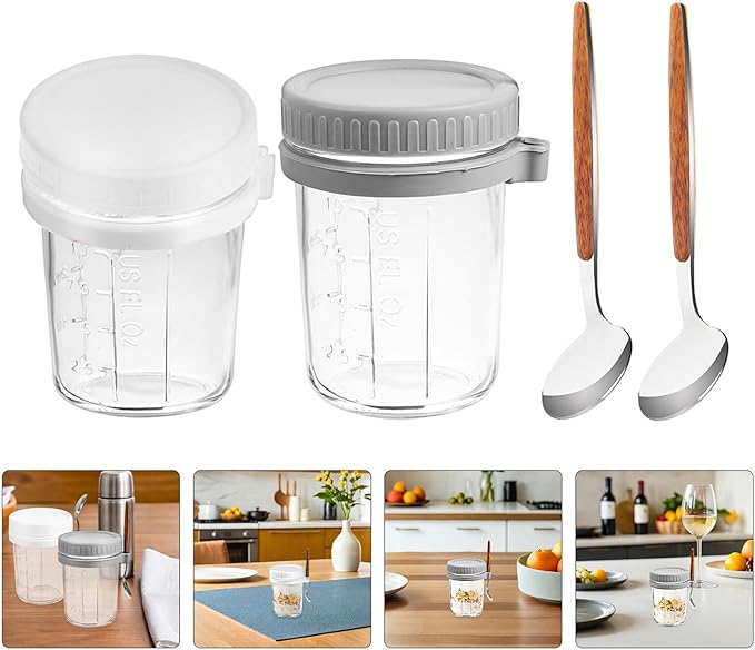 Operitacx 4pcs Glass Containers with Lids and Spoons, 350ml Yogurt Bowls and Oatmeal Jars, Airtight Breakfast Cups for Meal Prep and Cereal Storage