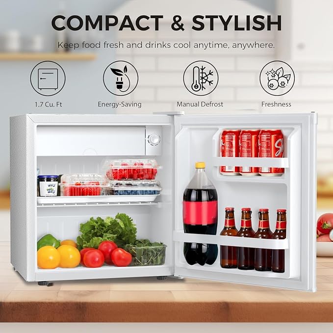 Antarctic Star 1.7 Cu.Ft Compact Refrigerator with Freezer,Adjustable Thermostat,Removable Glass Shelf,Single Reversible Door Mini Fridge for Bedroom,Office,Dorm,White