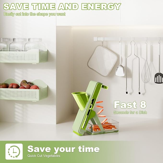 Eletronova Safe Mandoline Slicer for Kitchen, Multi Vegetable Chopper with Thickness Adjuster, Finger-Safe Food Holder, Potato/Onion/Cucumber Slicer for Fast Meal Prep, Easy Clean(Light Dark Green)