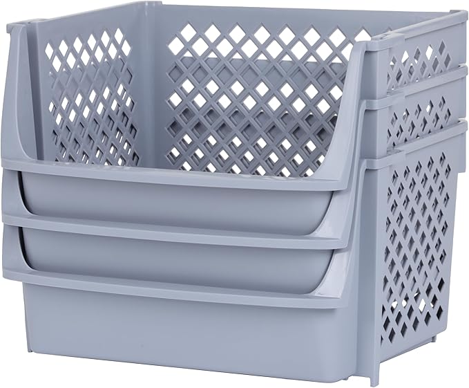 TidyFriend 3 Pk Large Stackable Storage Bins Open Front for Pantry Organizers & Storage, Pantry Storage for Food, Kitchen & Home Organization, Plastic Storage Bins, Dorm Room Essentials (Light Grey)