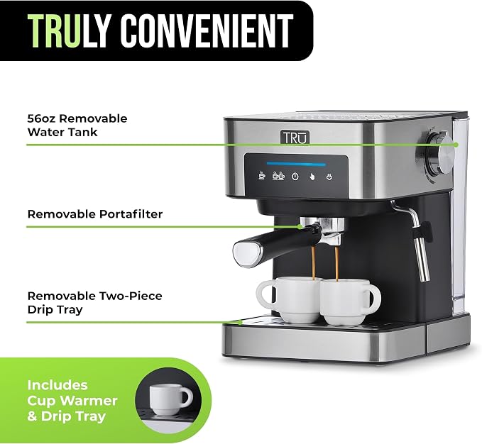 Tru Touch Screen Espresso Maker - Automatic Espresso Machine with Single & Double Shot Brew Settings - Comes with Steam Wand & Cup Warmer - Easy-to-Clean & Maintain - 56-Ounce Water Tank
