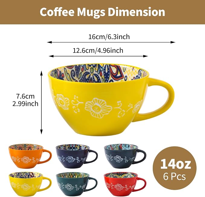 Large Coffee Mug, 15 oz Boho Coffee Mug Ceramic with Handle, Porcelain Tea Cup, Coffee Cup for Cappuccino and Latte, Microwave & Dishwasher Safe, Ideal Gift for Family/Friend (Green)