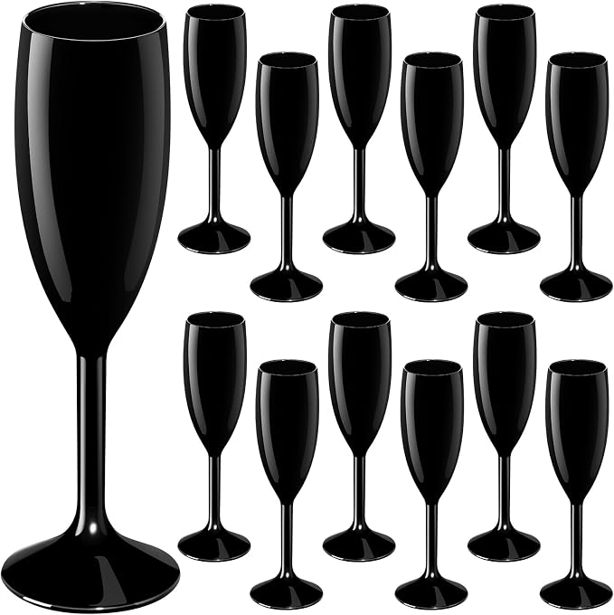 Maxcheck 12 Pcs Champagne Flutes Bulk Acrylic Toasting Drinking Flute Unbreakable Goblet Champagne Cups 6 oz Plastic Wine Glasses for Mother's Day Wedding Bridal Shower Anniversary Party (Black)