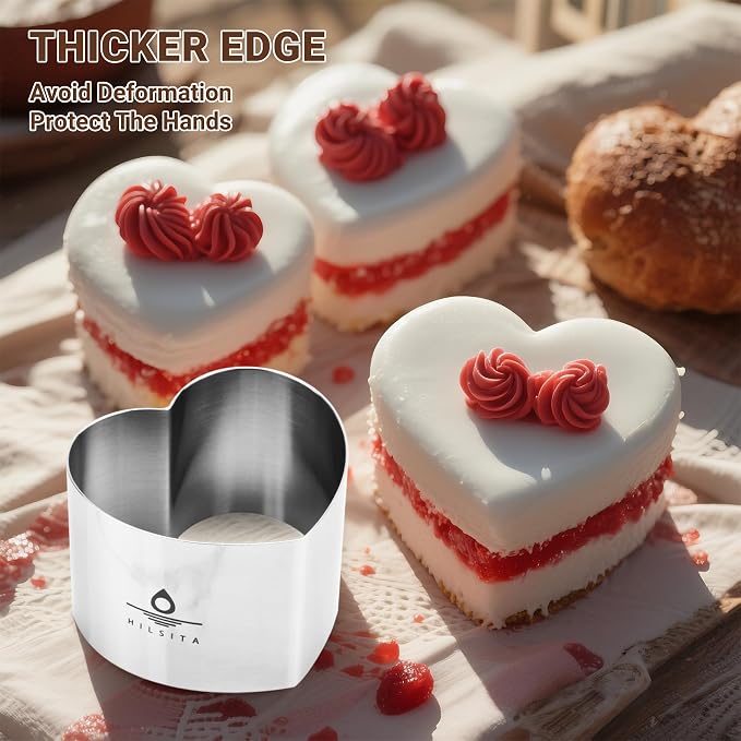 Heart Cake Ring Molds, Seamless Stainless Steel Cake Cutter For Baking, 3 inch Cooking Rings with Pusher & Lifter, Dessert Mousse Molds Baking Tools, Includes 1 Pusher, 1 Lifter and 6 Rings
