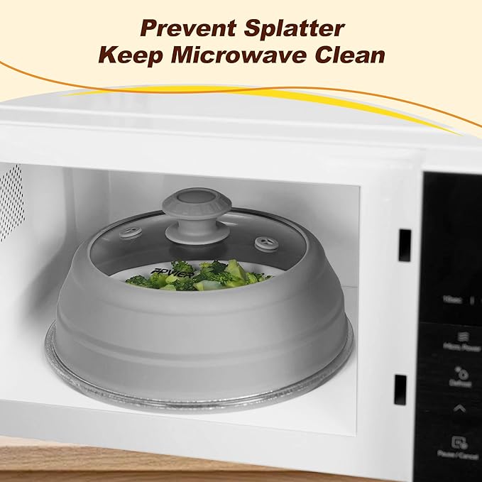 Microwave Splatter cover, Glass Microwave Cover for Food, 10.8 inch Guard Lid with Collapsible Silicone for 6-10 inch Plates & Bowls, Dishwasher Safe, 450°F Heat Resistant, BPA-Free, Gray