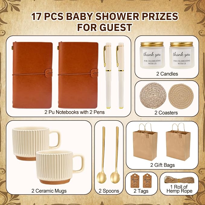 Baby Shower Prizes for Game Winners Baby Shower Games Prizes Ceramic Mugs with Metal Spoons Woven Coasters Notebooks Scented Candles Gift Bags Wedding Bridal Shower Favors for Guests (2, Brown)