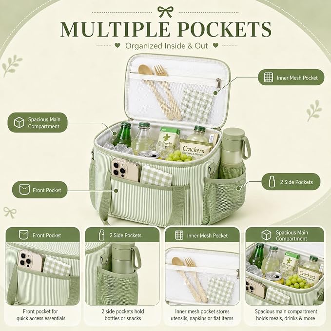 BTOOP Insulated Lunch Box for Women, Cute Corduroy Lunch Bag with Shoulder Strap, Leakproof Wide-Open Lunch Tote for Work, Office, School, Picnic, Green White Stripes