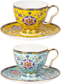 KAMMAK Tea Cups and Saucers Set of 2, Porcelain Coffee Cups, 7.4oz Stackable Espresso Mugs, Ceramic Demitasse for Coffee, Latte, Americano, Tea (641N+642N)