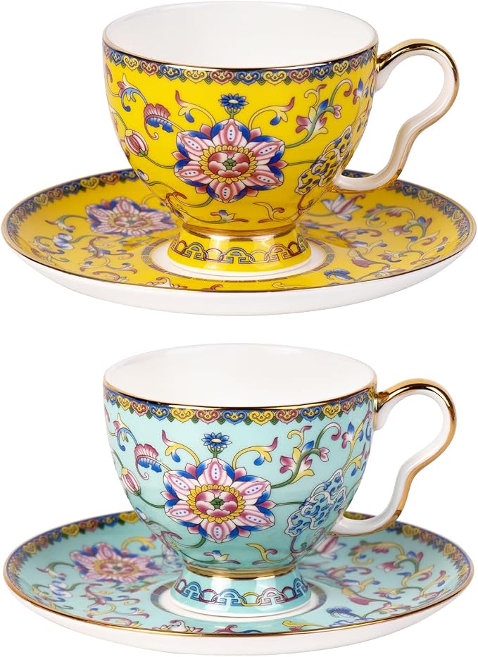 KAMMAK Tea Cups and Saucers Set of 2, Porcelain Coffee Cups, 7.4oz Stackable Espresso Mugs, Ceramic Demitasse for Coffee, Latte, Americano, Tea (641N+642N)