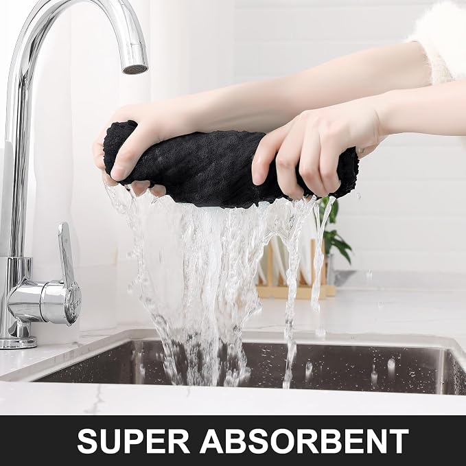 Homaxy Premium Cotton Kitchen Towels 16"x 28", Large Natural Ring Spun 390 GSM Dish Towels, Super Absorbent Terry Kitchen Hand Towels, Soft Tea Towels with Hanging Loop, Pure Black Design, 4 Pack
