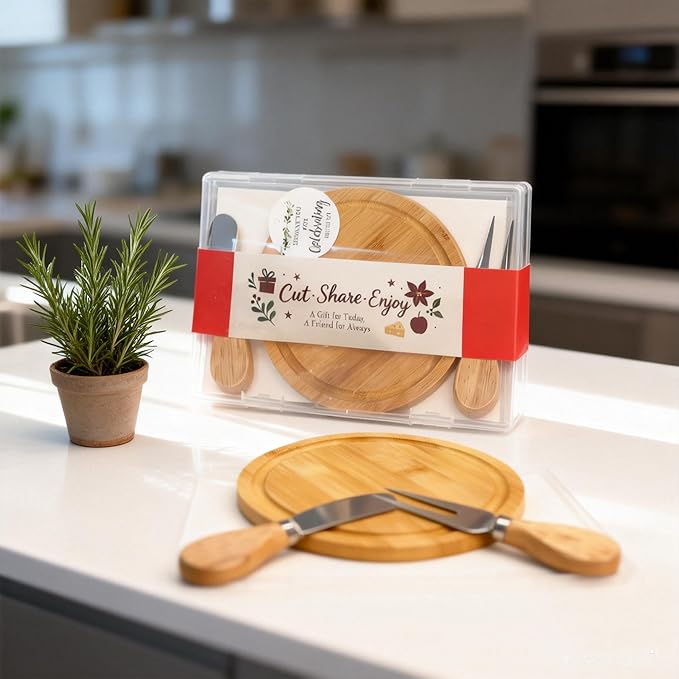 Upgraded storage-ready Small Cheese Board Set & Dessert Plate with Knife & Fork, 1-Pack 6-Inch Personal Charcuterie Tray, Bamboo, Gift-ready for Wedding, Bridal & Baby Shower Party