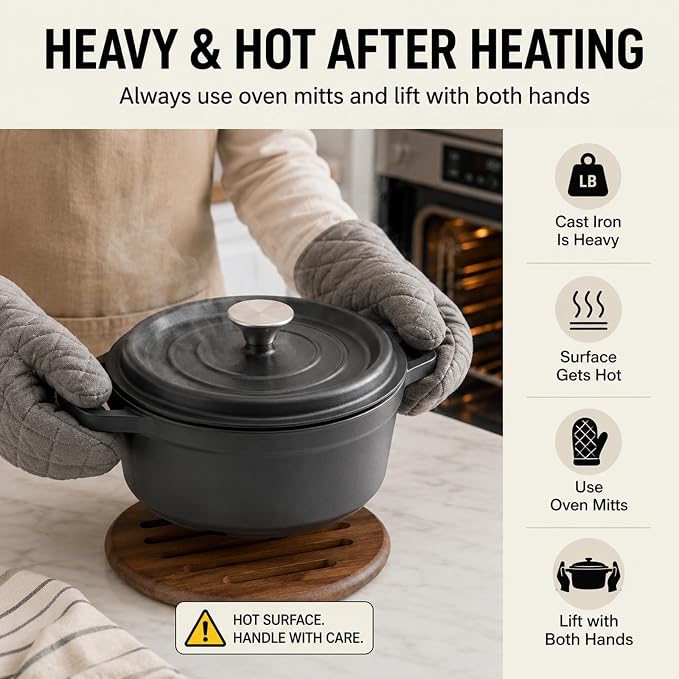 Enameled Cast Iron Dutch Oven with Lid, 3.3 QT Round Dutch Oven Pot, Matte Black Small Dutch Oven for Soup, Stew, Braising & Baking, Oven Safe to 500°F, Works on Induction, Gas & Electric